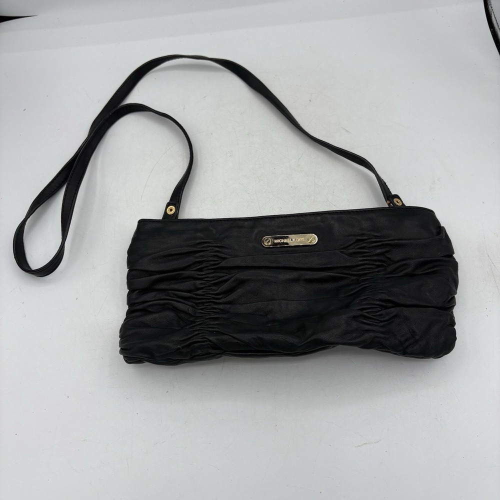 Michael Kors Clutch Wallet Bag Webster Black Ruched‎ Leather with Shoulder Strap